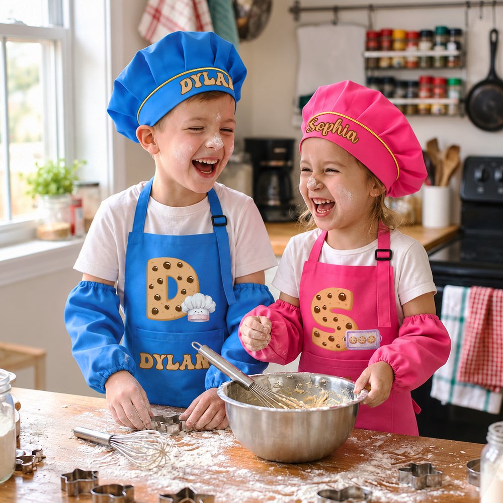 Personalised Biscuit Initial Kid Baking Apron Chef Hat Set with Name and Pocket Kitchen Accessory Daily Use Birthday Gift for Children 5