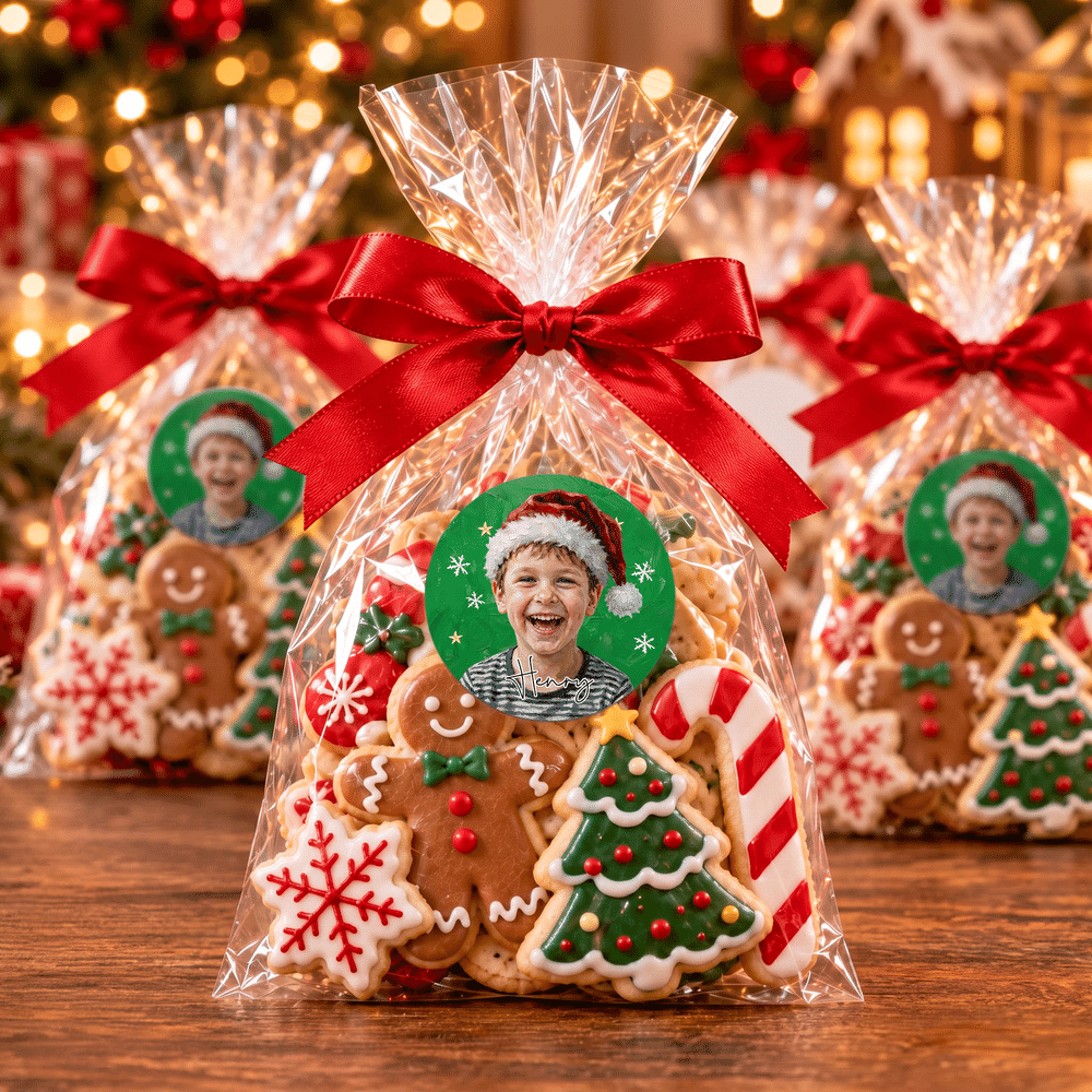 Pegatina impermeable personalizada con foto de un personaje infantil, pintura al óleo con temática navideña y nombre; regalo navideño para niños y niñas 5