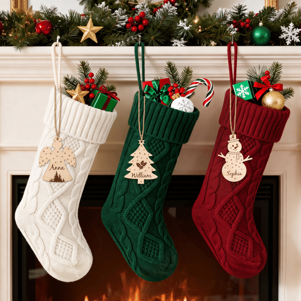 Personalized Bell Snowman Tag Crocheted Christmas Stocking with Name Fireplace Decor Christmas Party Gift for Friends Family