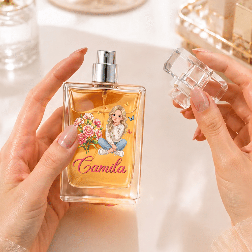 Personalised Birth Flower Cartoon Character Photo 2 oz Perfume Bottle with Name and Ribbon Birthday Wedding Gift for Woman Bride Friend 4
