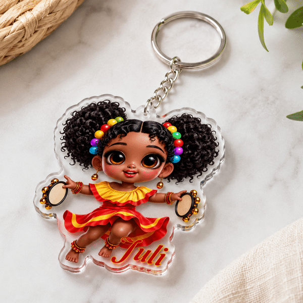 Personalized Cute Cartoon Black Girl  Acrylic Keychain with Name Backpack Decor Birthday Gift for African American Girls