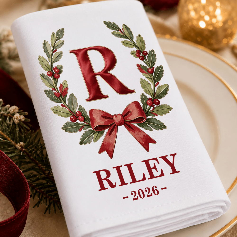 Personalised Retro Initial Holly Bow 100% Cotton Napkin with Name and Year Table Decor Christmas Gift for Family Parents 8