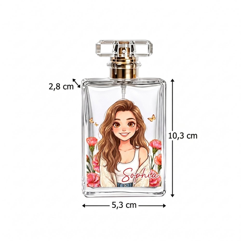 Boccetta di profumo personalizzata, ricaricabile in vetro con foto in stile fumetto ad acquerello, fiore di nascita e nome - Regalo per donne 7