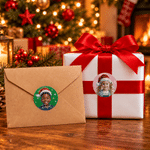 Pegatina impermeable personalizada con foto de un personaje infantil, pintura al óleo con temática navideña y nombre; regalo navideño para niños y niñas 6