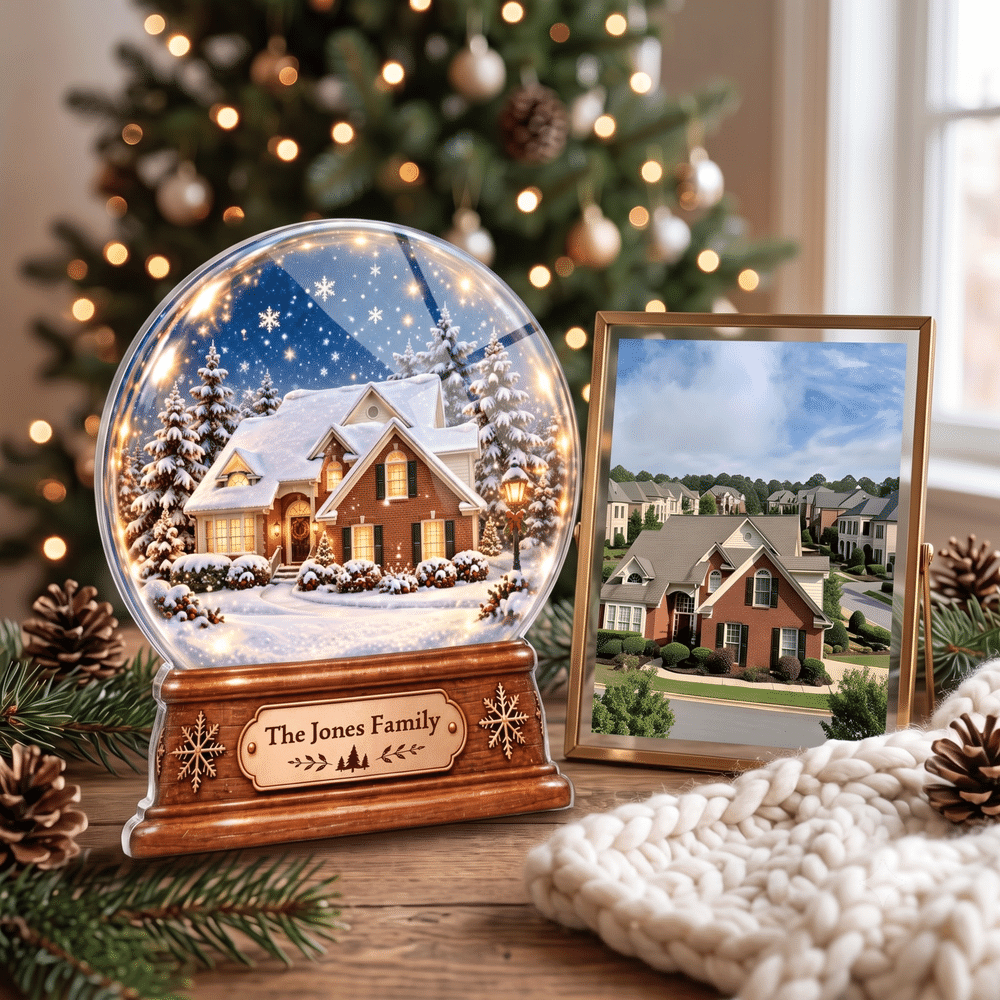 Gepersonaliseerde acrylplaat met 3D-effect: foto van een kristallen bol met huis, voorzien van familienaam – housewarming- en kerstcadeau voor vrienden die naar een nieuw huis zijn verhuisd 4