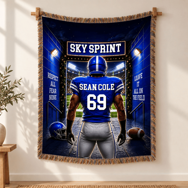 Personalized Multicolour Football Player Back View Soft Tassel Throw Blanket with Team Name and Number Game Day Birthday Gift for Athlete Family