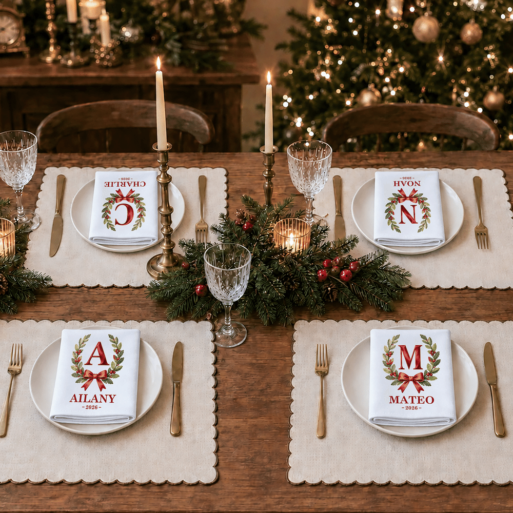 Personalised Retro Initial Holly Bow 100% Cotton Napkin with Name and Year Table Decor Christmas Gift for Family Parents 3