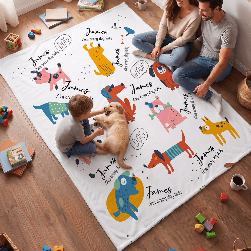 Manta suave personalizada con estampado multicolor de simpáticos gatos y perros de dibujos animados, con nombre; decoración para el hogar; regalo para fiestas navideñas y cumpleaños, ideal para los amantes de las mascotas y sus dueños 3