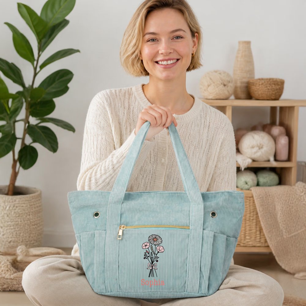 Personalised Retro Style Birth Flower Large Capacity Corduroy Tote Bag with Name Daily Use Birthday Chirstmas Gift for Women Crocheting Enthusiasts 6