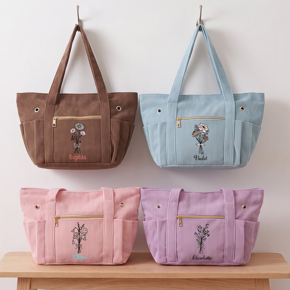 Personalised Retro Style Birth Flower Large Capacity Corduroy Tote Bag with Name Daily Use Birthday Chirstmas Gift for Women Crocheting Enthusiasts 3