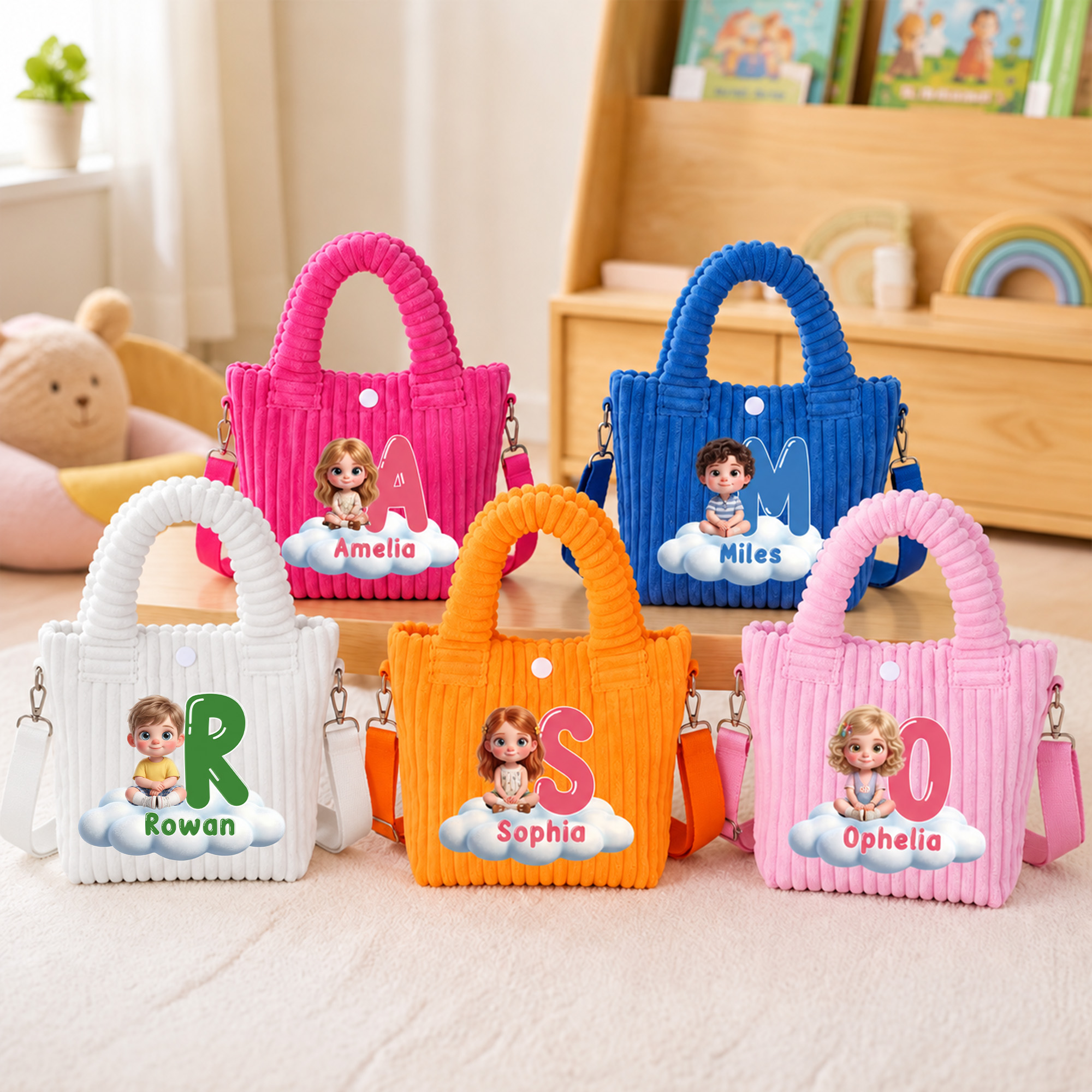 Personalized 3D-Effect Artwork Cartoon Character Photo Initial Corduroy Crossbody Bag with Name Birthday Outdoor Adventure Gift for Kids Toddlers