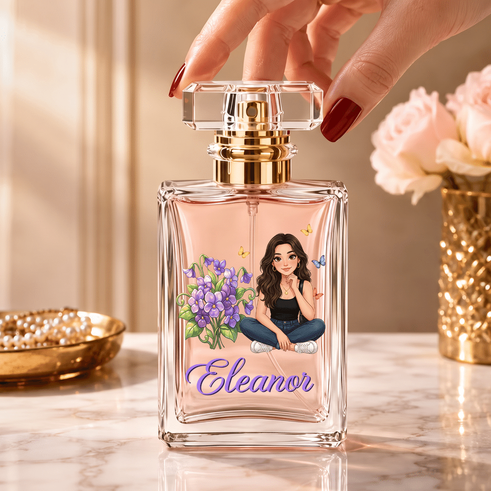 Personalised Birth Flower Cartoon Character Photo 2 oz Perfume Bottle with Name and Ribbon Birthday Wedding Gift for Woman Bride Friend 5