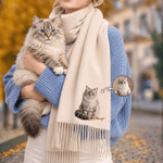 Sciarpa-scialle morbida con nappine, personalizzata con foto del proprio animale domestico in stile realistico a olio, con nome; accessorio invernale, regalo di Natale o di compleanno per i proprietari e gli amanti degli animali domestici