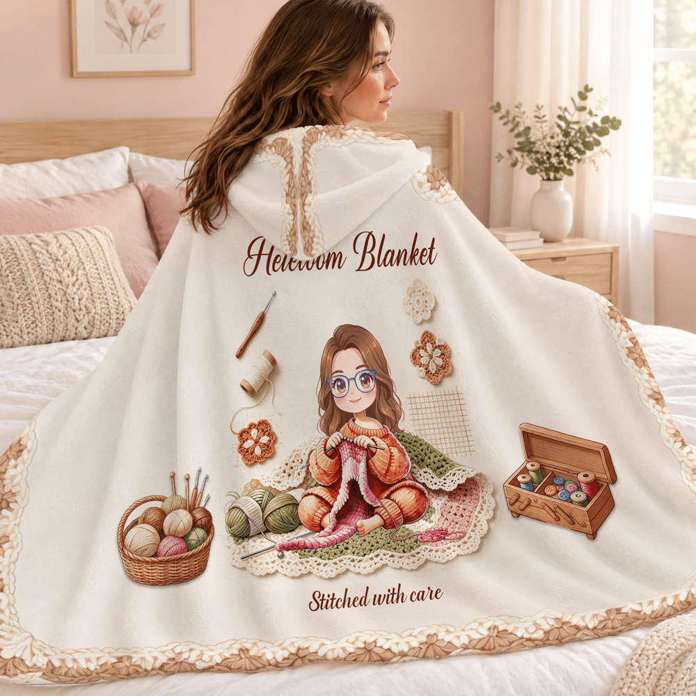 Personalised 3D-Effect Artwork Cartoon Crochet Character Photo Hooded Blanket with Text Birthday Christmas Holiday Gift for Crochet Enthusiast Friend 6