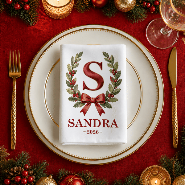 Personalised Retro Initial Holly Bow 100% Cotton Napkin with Name and Year Table Decor Christmas Gift for Family Parents