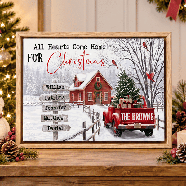 Personalised Lorry Cottage All Hearts Come Home For Christmas Canvas Prints with 2-10 Family Names Home Decor Christmas Birthday Gift for Family