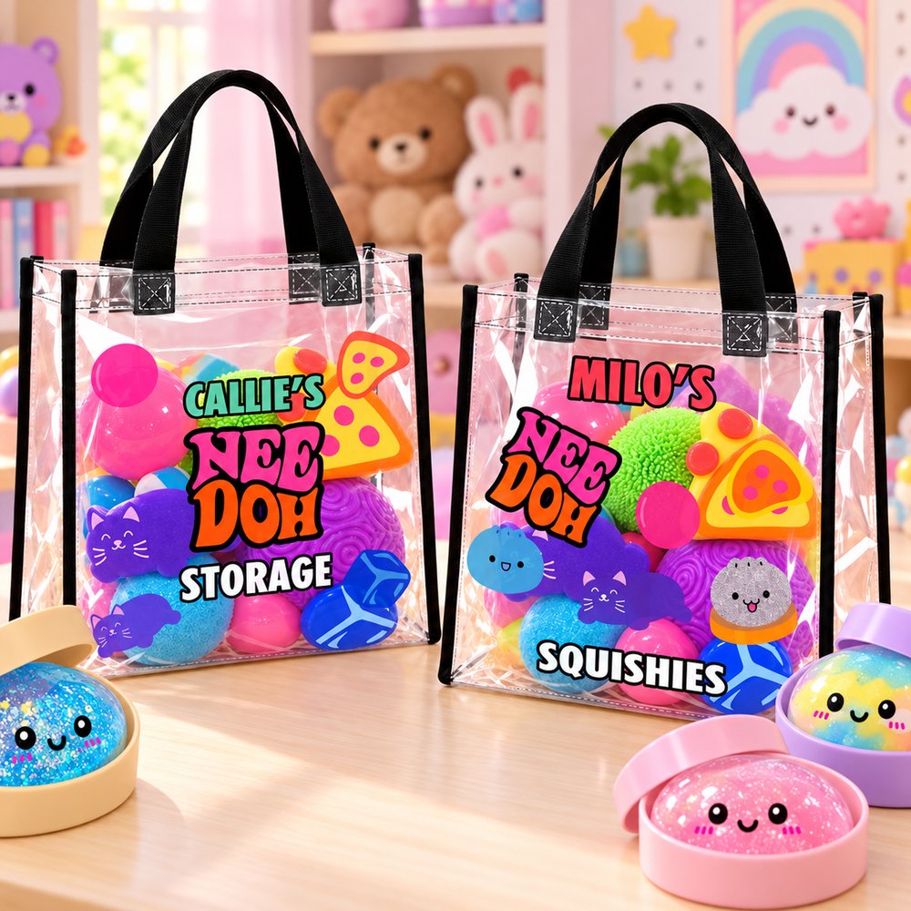 Personalized Cute Cat Toy Dumpling Pattern Clear Tote Bag Storage Bag Set with Name Daily Use Birthday Gift for Kids 4