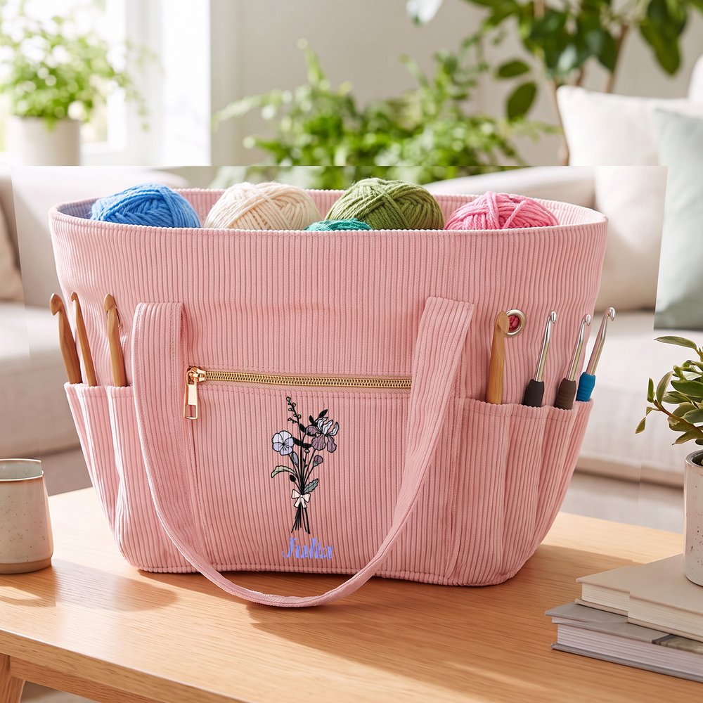 Personalised Retro Style Birth Flower Large Capacity Corduroy Tote Bag with Name Daily Use Birthday Chirstmas Gift for Women Crocheting Enthusiasts 5