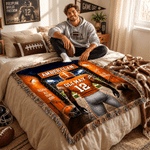 Personalized Multicolor Football Player Back View Soft Tassel Throw Blanket with Team Name and Number Game Day Birthday Gift for Athlete Family