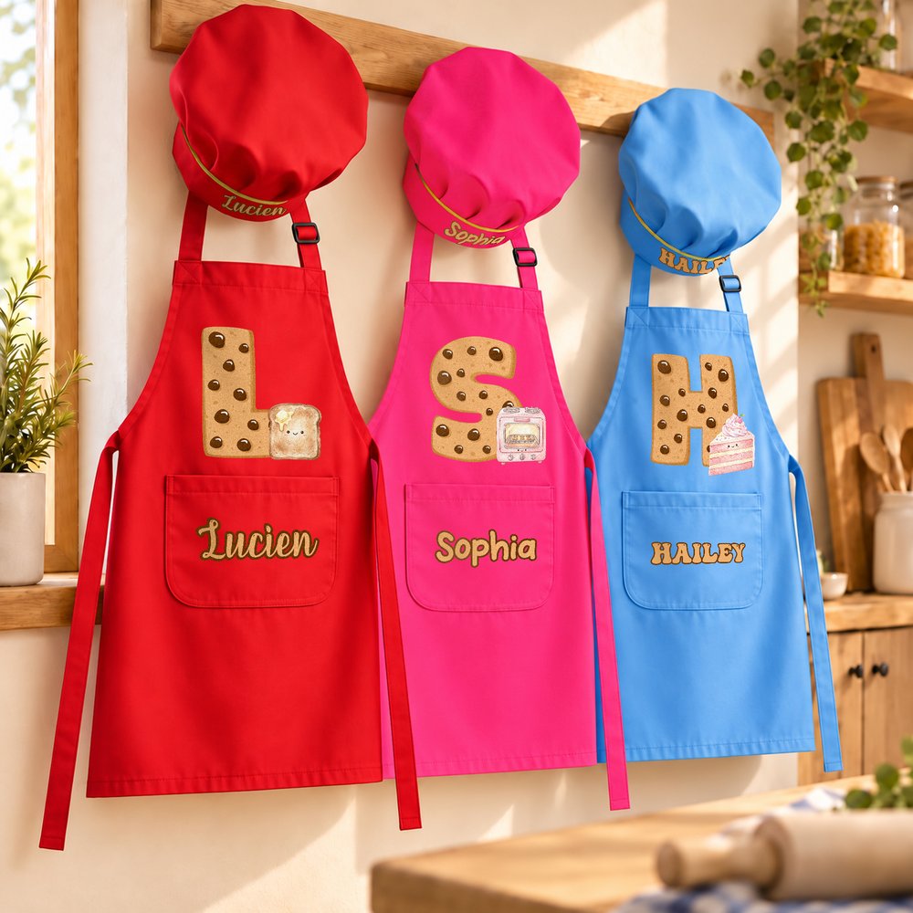 Personalised Biscuit Initial Kid Baking Apron Chef Hat Set with Name and Pocket Kitchen Accessory Daily Use Birthday Gift for Children 4
