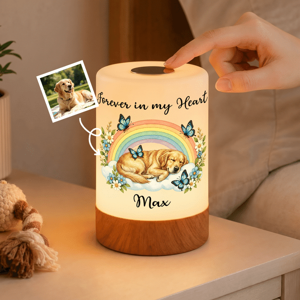 Luz nocturna LED táctil regulable personalizada con foto de tu mascota en el Puente del Arcoíris, con nombre y título, y mando a distancia: decoración para el hogar y regalo conmemorativo para propietarios de mascotas