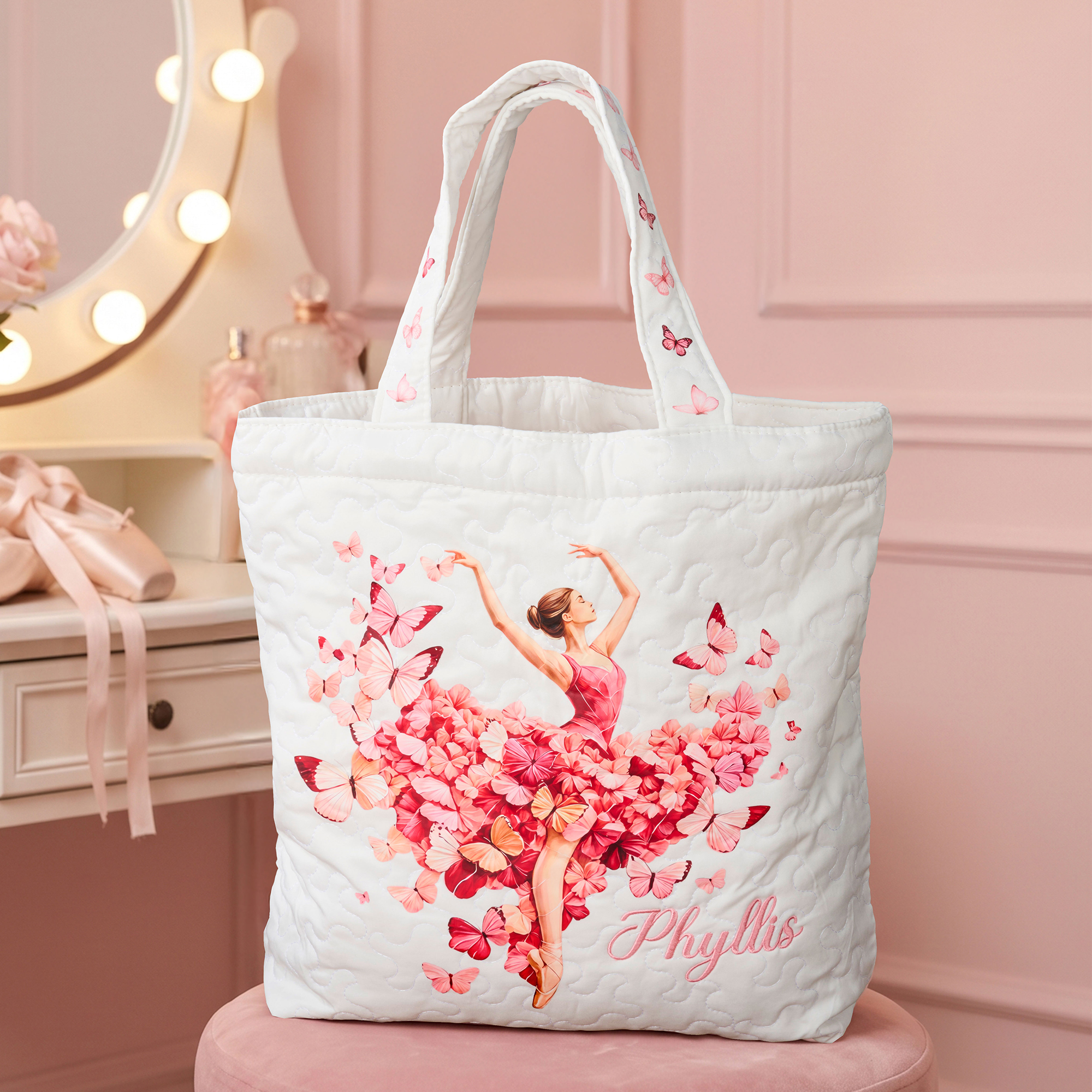 Personalisierte Tragetasche mit großem Fassungsvermögen im Ballett-Design: Balletttänzerin, Blumen und Schmetterlinge – mit Namen – für den täglichen Gebrauch – Geburtstagsgeschenk für Ballettliebhaber