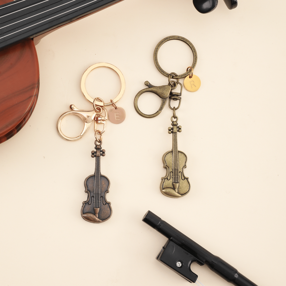 Personalised Vintage Violin Music Theme Keyring with Engraving Initial Daily Use Birthday Christmas Gift for Music Lovers Violin Players 2