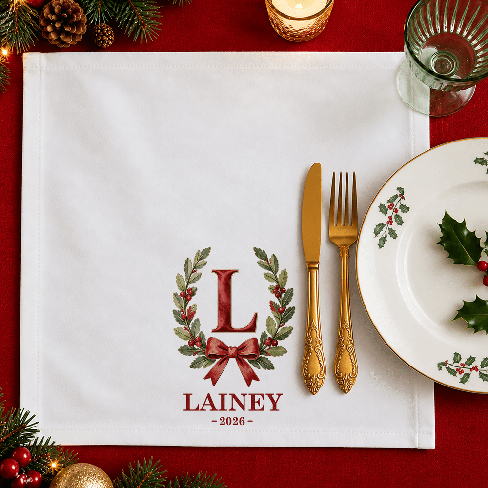 Personalised Retro Initial Holly Bow 100% Cotton Napkin with Name and Year Table Decor Christmas Gift for Family Parents 7