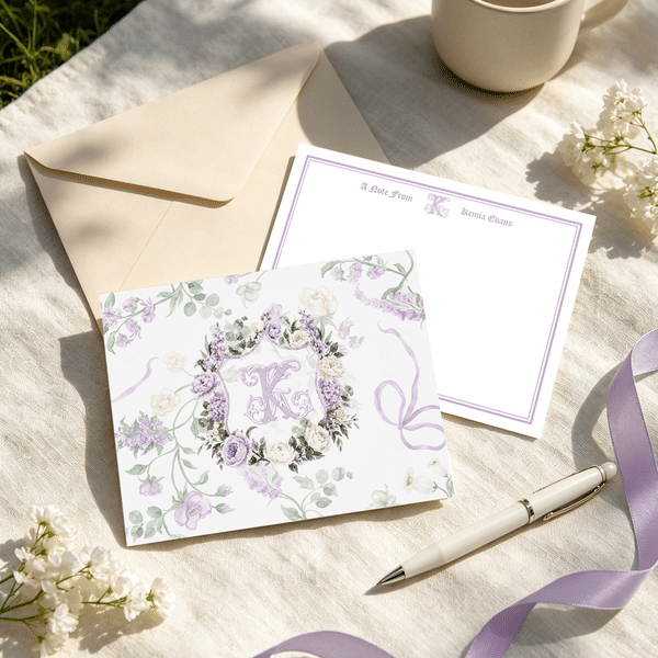 Personalized Vintage Watercolor Floral Initial Name Note Card with Envelope Set of 20 Birthday Wedding Gift for Women