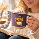 Personalised Sunflower Highland Cow 12 oz Ceramic Mug with Name Daily Use Birthday Gift for Highland Cow Lovers