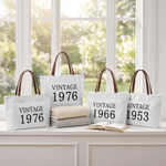 Personalised Vintage Year Large Capacity Canvas Tote Bag with PU Leather Handle Daily Use Anniversary Birthday Gift for Woman Mum Gran