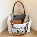 Personalised Vintage Year Large Capacity Canvas Tote Bag with PU Leather Handle Daily Use Anniversary Birthday Gift for Woman Mum Gran
