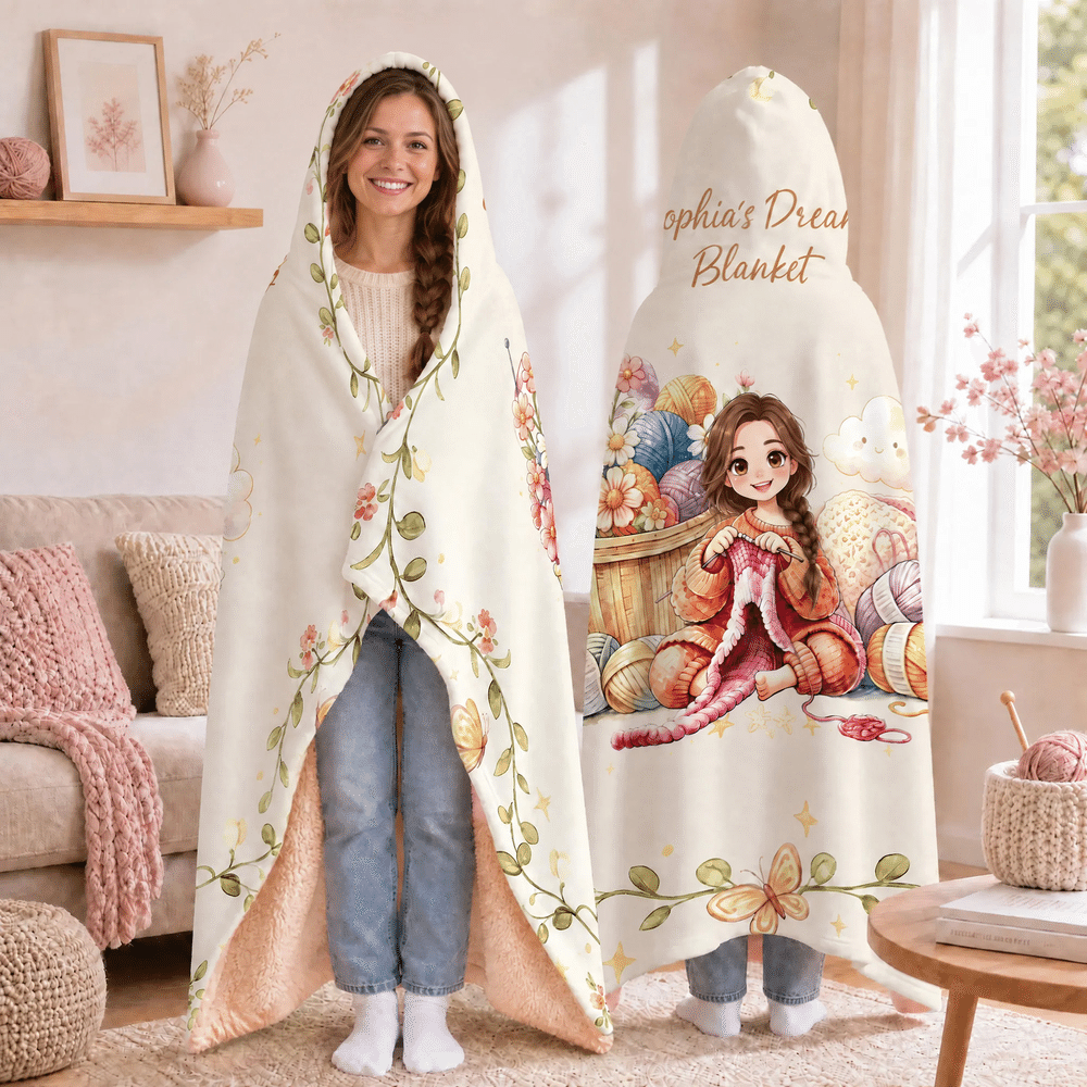 Personalised 3D-Effect Artwork Cartoon Crochet Character Photo Hooded Blanket with Text Birthday Christmas Holiday Gift for Crochet Enthusiast Friend 3