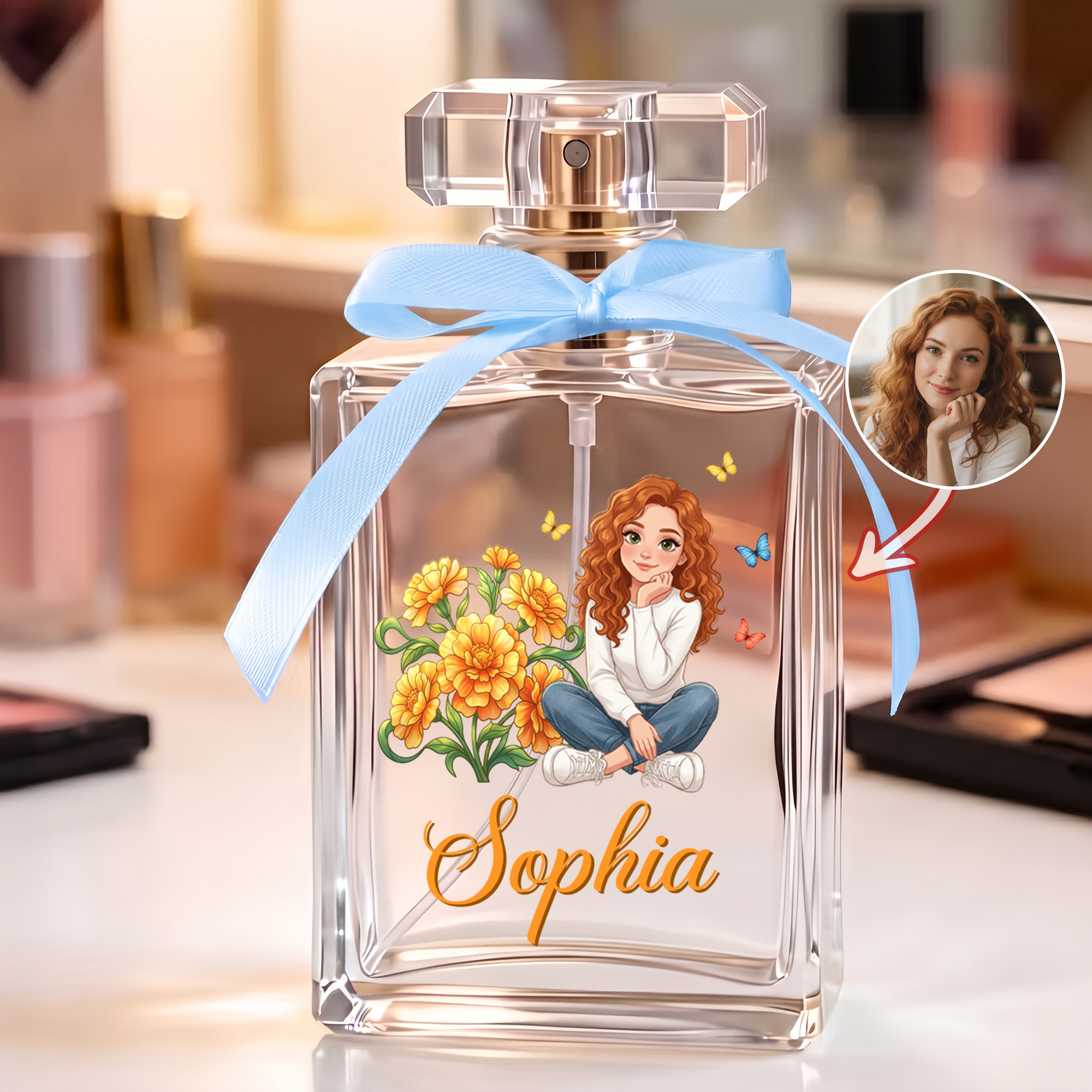 Personalised Birth Flower Cartoon Character Photo 2 oz Perfume Bottle with Name and Ribbon Birthday Wedding Gift for Woman Bride Friend