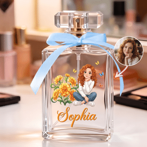 Bottiglietta di profumo da 2 oz personalizzata con foto di un personaggio dei cartoni animati e il fiore del mese di nascita, con nome e nastro: regalo di compleanno o di nozze per donna, sposa o amica