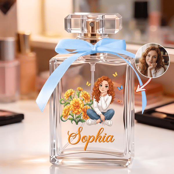 Personalised Birth Flower Cartoon Character Photo 2 oz Perfume Bottle with Name and Ribbon Birthday Wedding Gift for Woman Bride Friend