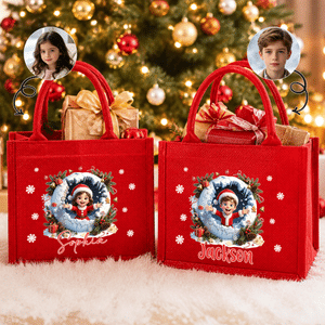Personalized Christmas 3D-Effect Artwork Large Capacity Red Jute Tote Bag with Name Christmas Party Gift for Kids Family Friends