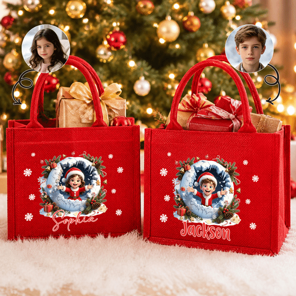 Personalized Christmas 3D-Effect Artwork Large Capacity Red Jute Tote Bag with Name Christmas Party Gift for Kids Family Friends