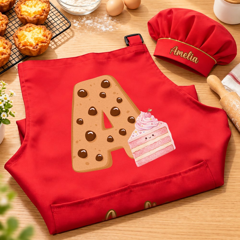 Personalised Biscuit Initial Kid Baking Apron Chef Hat Set with Name and Pocket Kitchen Accessory Daily Use Birthday Gift for Children 3
