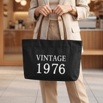 Personalised Vintage Year Large Capacity Canvas Tote Bag with PU Leather Handle Daily Use Anniversary Birthday Gift for Woman Mum Gran