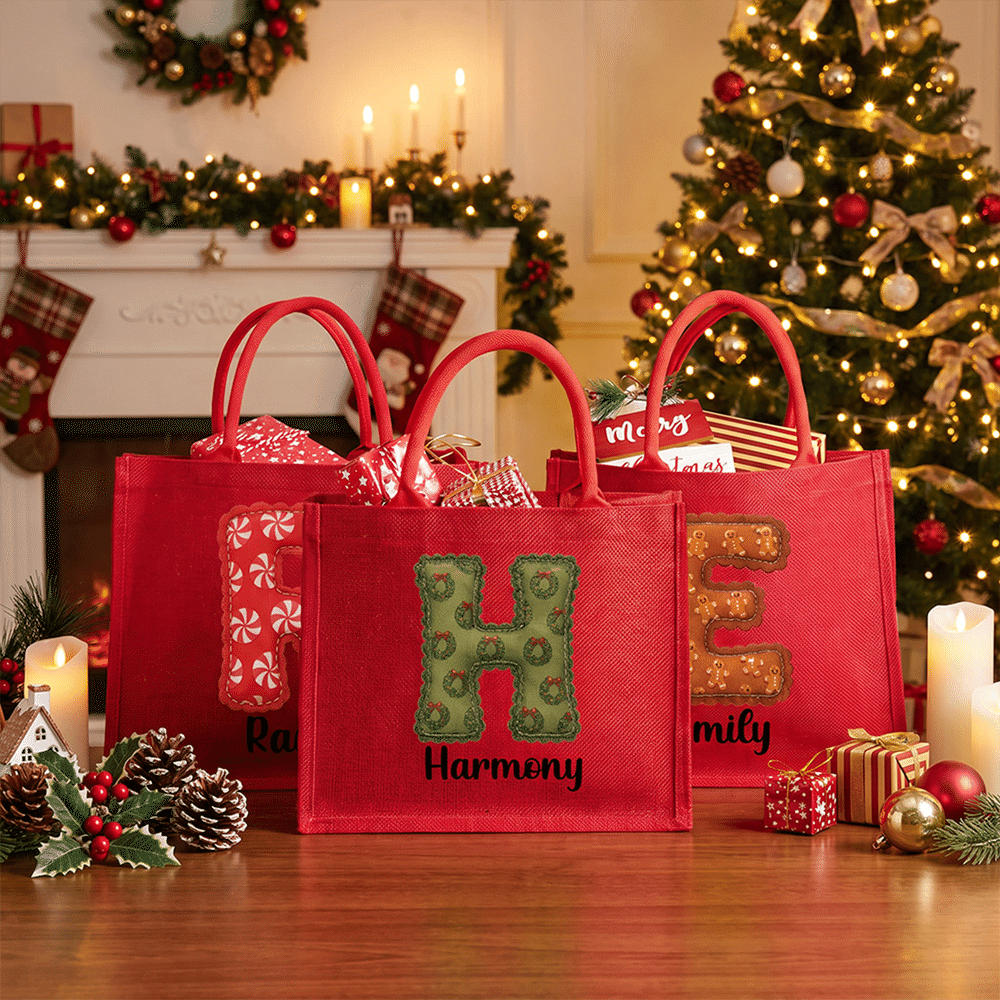 Personalised Christmas Style Initial Large Capacity Jute Tote Bag with Name Christmas Gift for Kids Family 3