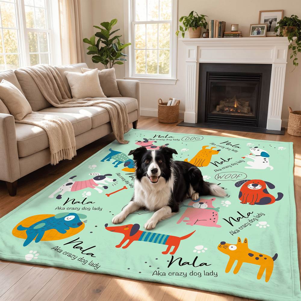 Manta suave personalizada con estampado multicolor de simpáticos gatos y perros de dibujos animados, con nombre; decoración para el hogar; regalo para fiestas navideñas y cumpleaños, ideal para los amantes de las mascotas y sus dueños 2