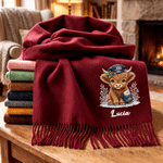 Personalised Christmas Highland Cow Soft Warm Tassel Scarf with Name Christmas Gift for Highland Cow Lovers