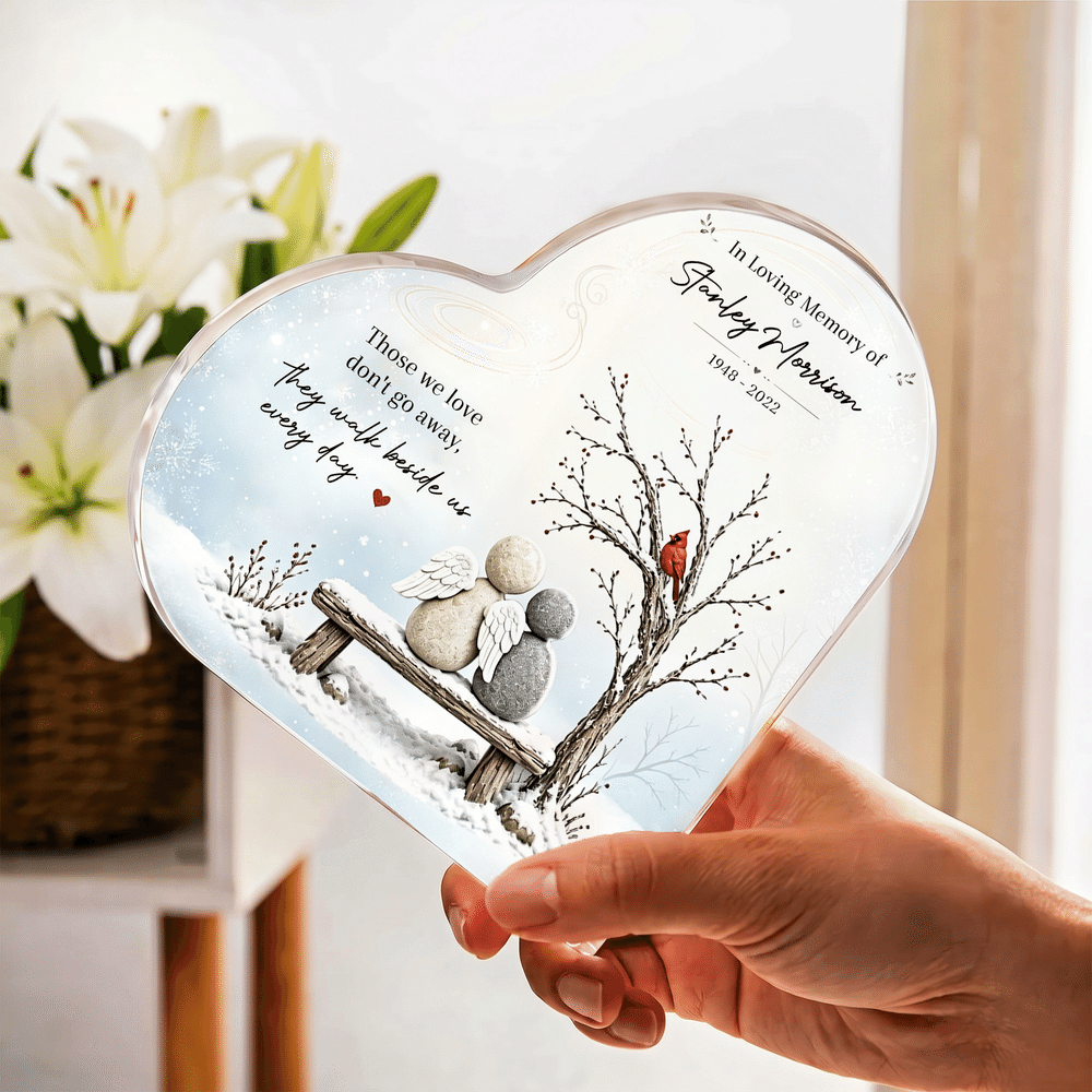 Personalised They Walk Beside Us Snow Stone Figure Heart-Shaped Acrylic Plaque with Name and Year Desk Decor Memorial Gift for Friend Family 4