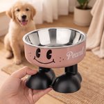 Personalised Cute Smile Face Stainless Steel Heavy Base Raised Pet Feeding Bowl with Name Birthday Gift for  Dog Cat Owners