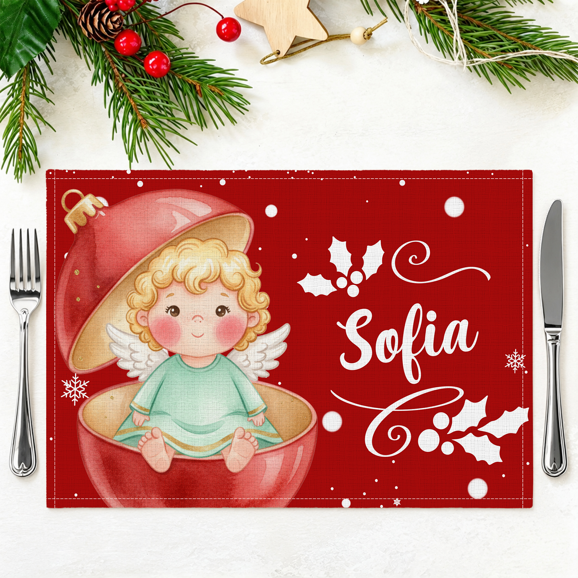 Personalisiertes Weihnachts-Tischset aus Leinen | mit Christkind und Namen | Tischunterlage als festliche Tischdeko | Weihnachtsgeschenk für Familie