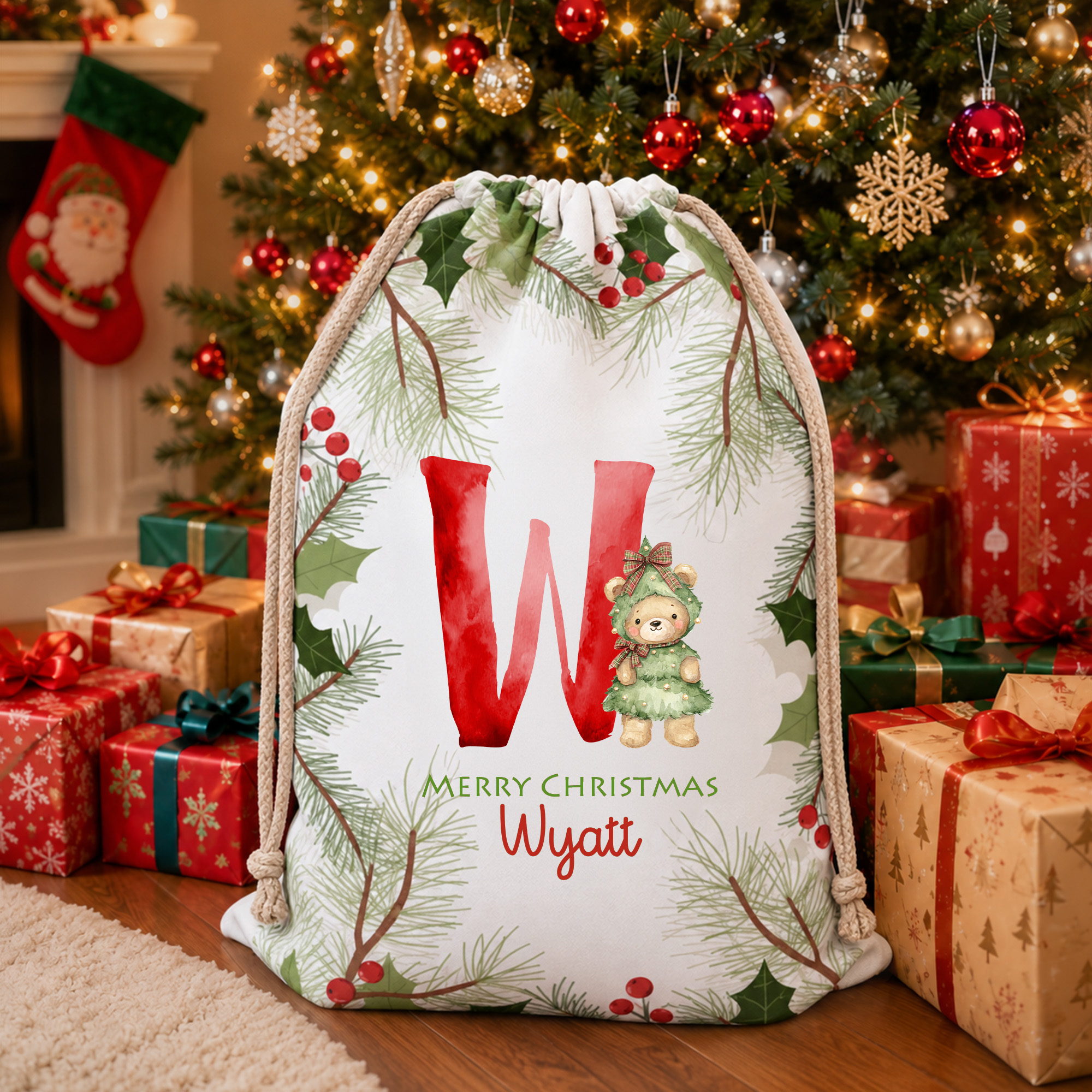 Personalisierte Geschenktüte aus Leinwand mit Kordelzug und Teddybär-Initiale in verschiedenen Größen – Weihnachtsgeschenk für Kinder, Familie und Freunde