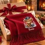 Personalised Christmas Highland Cow Soft Warm Tassel Scarf with Name Christmas Gift for Highland Cow Lovers