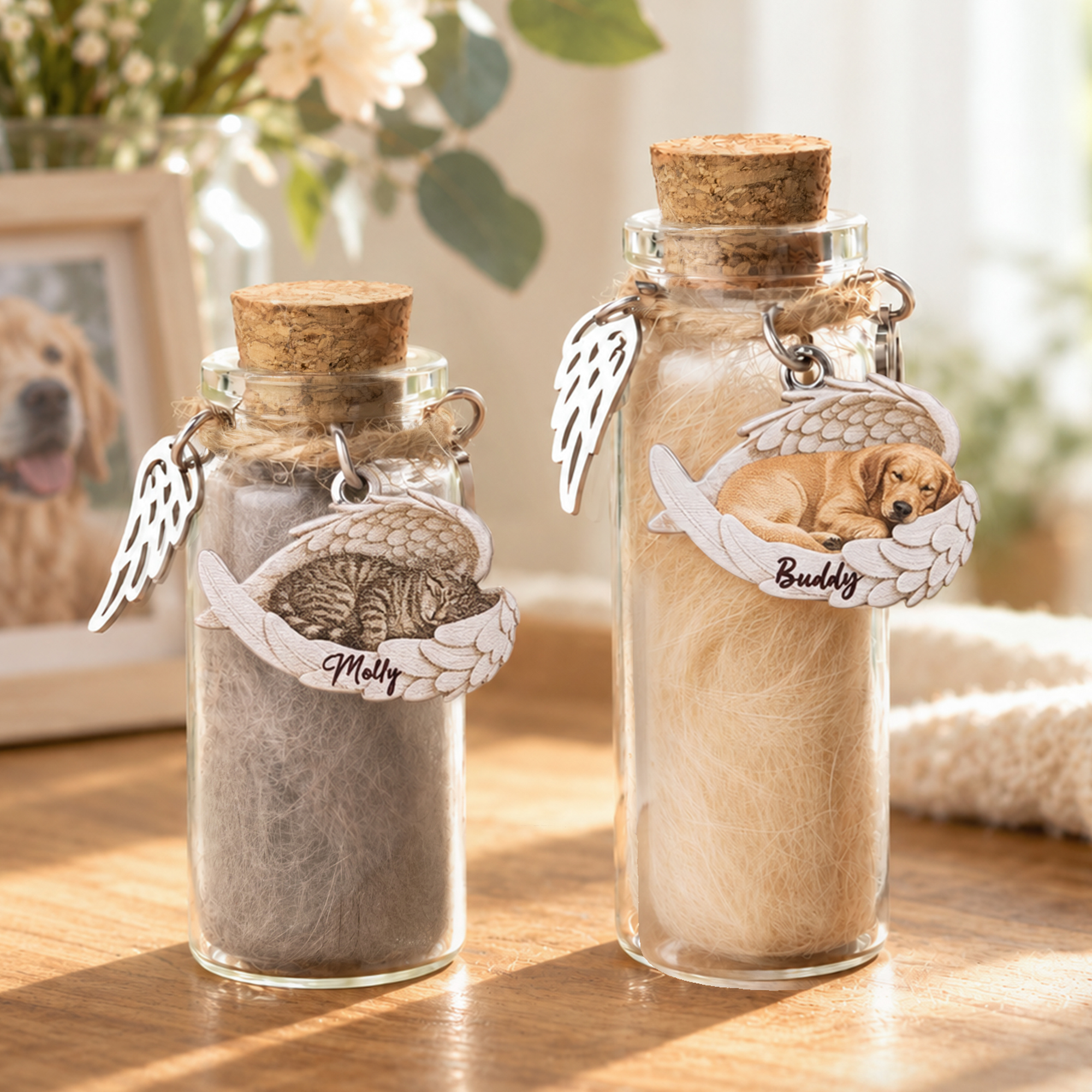 Personalised Angel Wings Photo Pet Fur Keepsake Bottle with Name Pet Loss Memorial Gift for Pet Owners