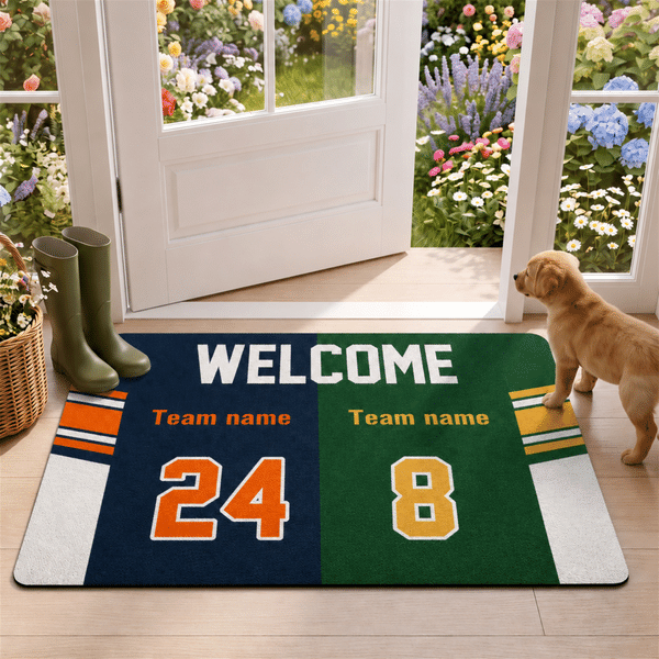 Alfombrilla antideslizante personalizada con diseño de camiseta de fútbol «House Divided», con nombre y número. Regalo para el día a día, para la inauguración de una casa o para un cumpleaños, ideal para aficionados al fútbol.
